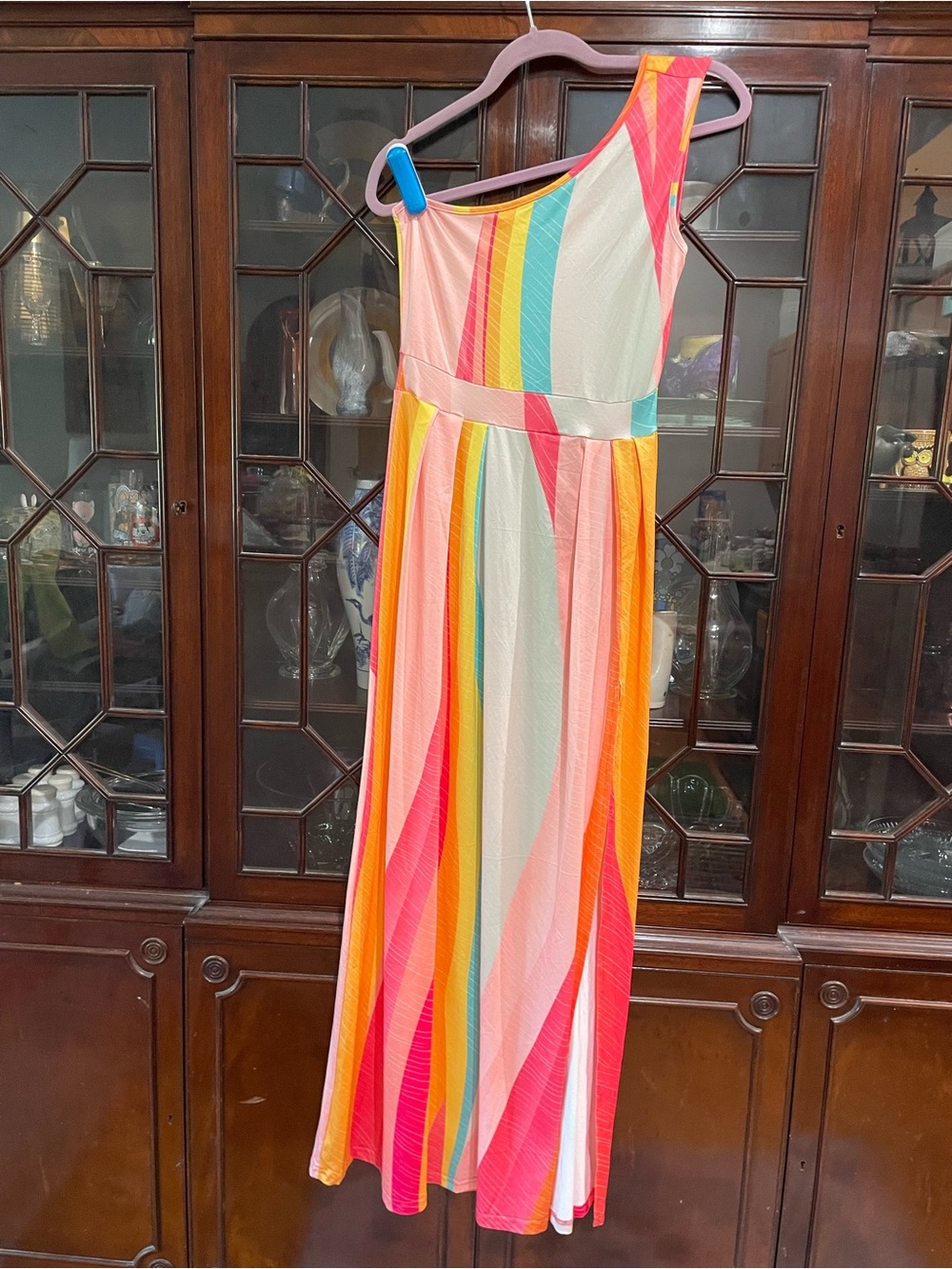 One-Shoulder Rainbow Stripe Maxi Dress - Multicolor by Chicme EUC Small
